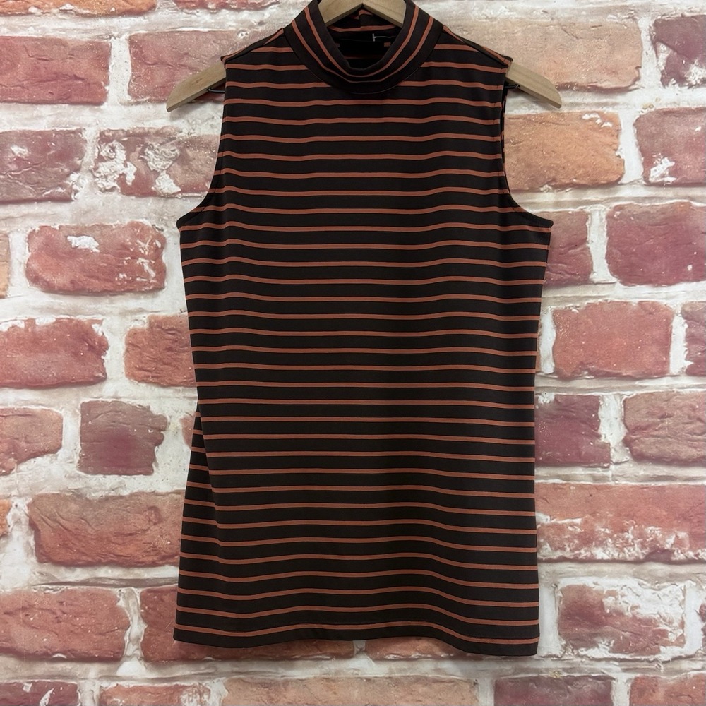 Susan Graver Weekend Top Women's S Brown Black Striped Mock Neck Casual Shirt